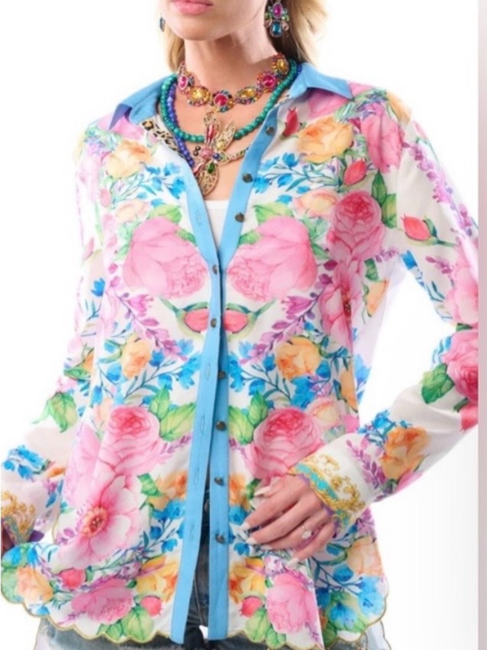 Aratta Pink Floral Shirt Jacket with Blue Trim